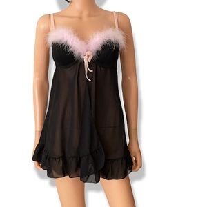 NWOT Inner Secrets black body with pink Malibu feather slip dress